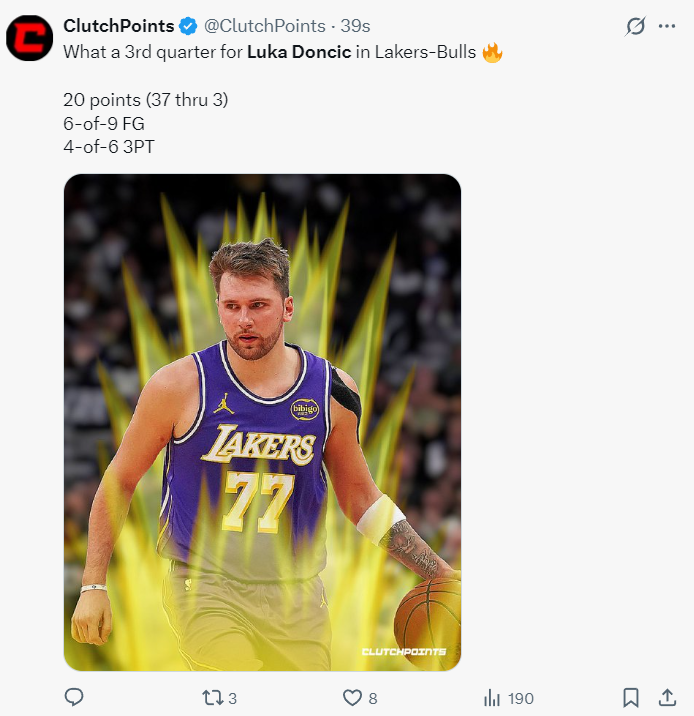 湖人队史首人！东契奇46+11+7+8三分拒逆转 单节20分一人战一队